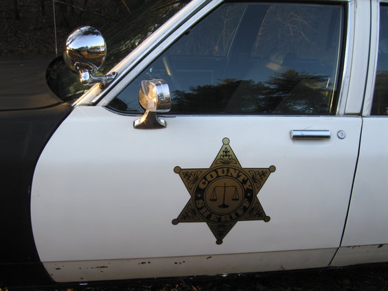 White police car door with a gold sheriff's star badge and chrome door handle