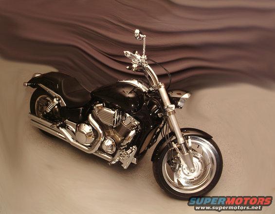 Black motorcycle with chrome accents, viewed from a 3/4 front angle
