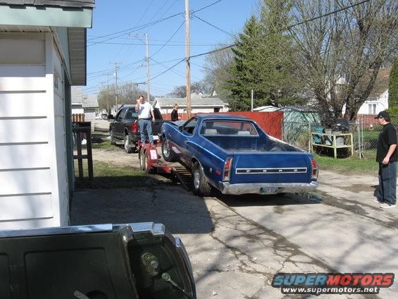 Blue 1972 Ford Ranchero on a trailer, rear view