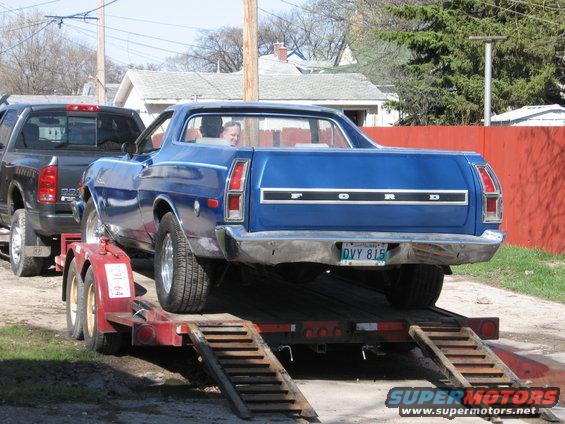 Blue 1976 Ford Ranchero rear view on trailer