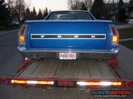 Blue 1976 Ford Ranchero rear view on trailer