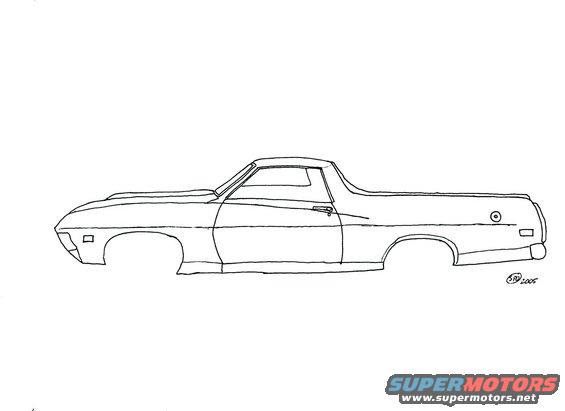 Line drawing of a 1971 Ford Ranchero, side view, no wheels or interior details