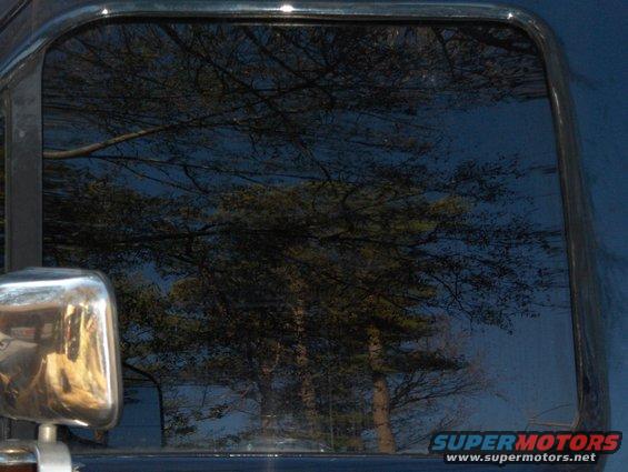 Reflection of trees in the tinted rear window of a dark blue vehicle. Chrome side mirror visible on the left