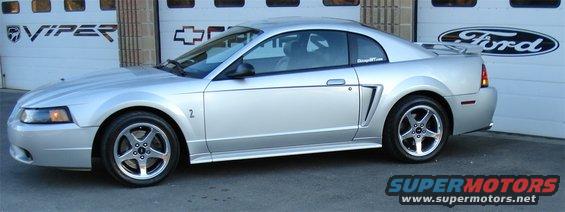 Silver Ford Mustang coupe parked in front of garage doors with Viper and Ford logos. Racing stripes on hood