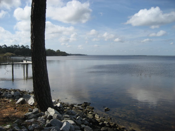 Calm lake with a wooden dock on the left, seen from a rocky shore with a large tree trunk in the foreground