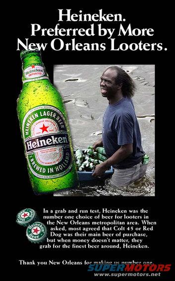 Heineken bottle next to a man wading in water carrying a crate of beer bottles