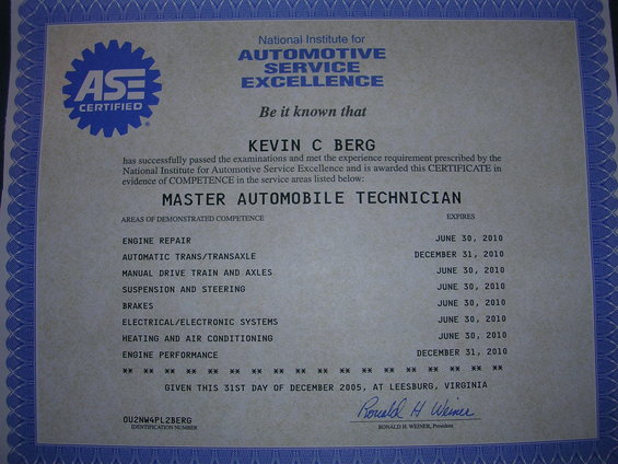 ASE certified master automobile technician certificate for Kevin C Berg, awarded in 2005