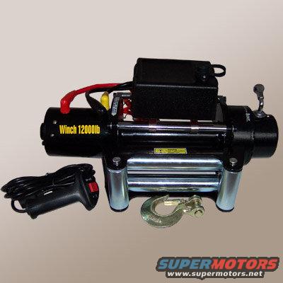 Black winch with yellow "Winch 12000lb" label and remote control