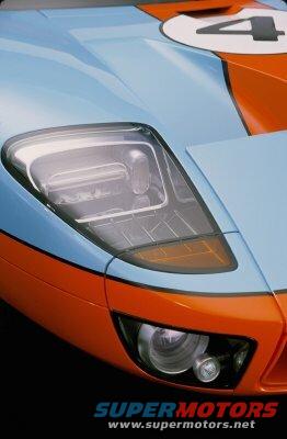 Front view of a blue and orange Ford GT40 with a number 4 decal