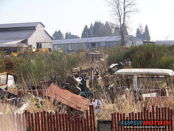 Junkyard scene with overgrown grass, various vehicle parts, and buildings in the background