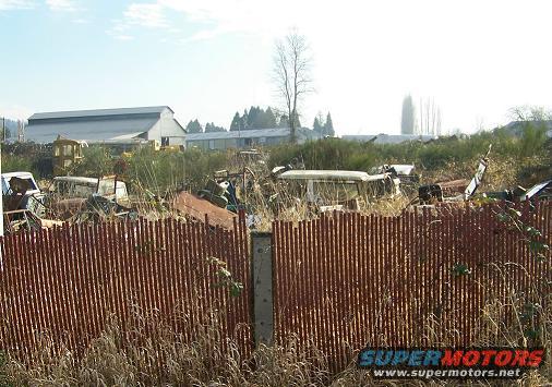 Junkyard scene with rusted fence and overgrown weeds, multiple old vehicles visible