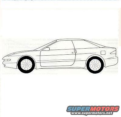 Line drawing of a two-door coupe, side view. Shows wheels, doors, and rear spoiler