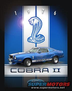 Blue 1976 Ford Mustang II Cobra II with white racing stripes and a cobra graphic