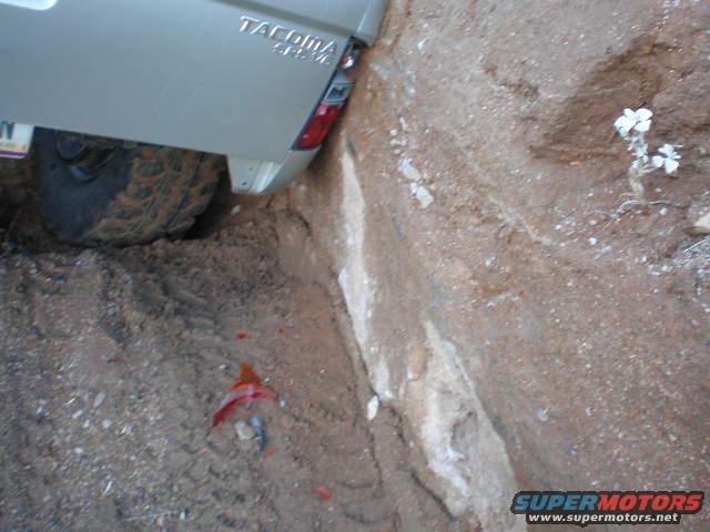 Rear of a Toyota Tacoma truck stuck in a dirt ditch, with its tire wedged