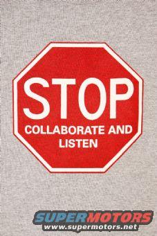 Red stop sign with white text 'STOP COLLABORATE AND LISTEN' on a gray background with 'SUPERMOTORS www.supermotors.net' logo