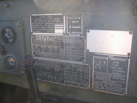 Interior view of data plates and gauges on a truck, including "TRUCK CARGO 1 1/4 TON 4 X 4 M-715" information