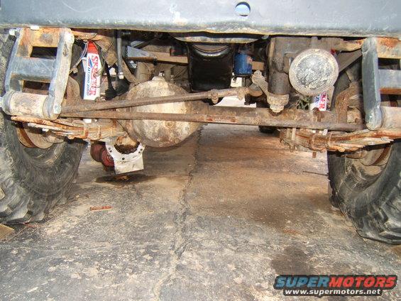 Underneath view of a Jeep CJ5 showing the rear axle, leaf springs, and shocks. Some fluid is leaking
