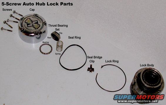 autolock5parts.jpg These are the parts of an '80-94 5-screw Automatic Hub Lock, in the order of removal. No further disassembly of the lock body is necessary for typical maintenance - only if the lock has malfunctioned. For wheel bearing maintenance, simply dunk the lock body in ATF.

[url=http://www.supermotors.net/registry/media/1053962][img]http://www.supermotors.net/getfile/1053962/thumbnail/autolock5brkdn.jpg[/img][/url] . [url=http://www.supermotors.net/registry/media/895156][img]http://www.supermotors.net/getfile/895156/thumbnail/hublock5scrx.jpg[/img][/url] . [url=http://www.supermotors.net/registry/media/170464][img]http://www.supermotors.net/getfile/170464/thumbnail/autolock5screw.jpg[/img][/url] . [url=http://www.supermotors.net/registry/media/757655][img]http://www.supermotors.net/getfile/757655/thumbnail/autolock8593.jpg[/img][/url] . [url=http://www.supermotors.net/registry/media/479613][img]http://www.supermotors.net/getfile/479613/thumbnail/autolock5parts.jpg[/img][/url] . [url=http://www.supermotors.net/registry/media/470241][img]http://www.supermotors.net/getfile/470241/thumbnail/autohublocksop.jpg[/img][/url] . [url=http://www.supermotors.net/registry/media/470473][img]http://www.supermotors.net/getfile/470473/thumbnail/tsb970628motoringtorque.jpg[/img][/url]