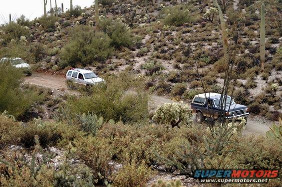 Dark blue Ford Bronco driving on dirt road in desert with saguaro cacti. Another SUV and a white vehicle are ahead on the road