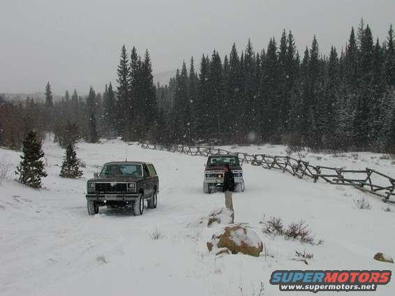 1980 Ford Bronco in front, dark color, in snow with trees and fence