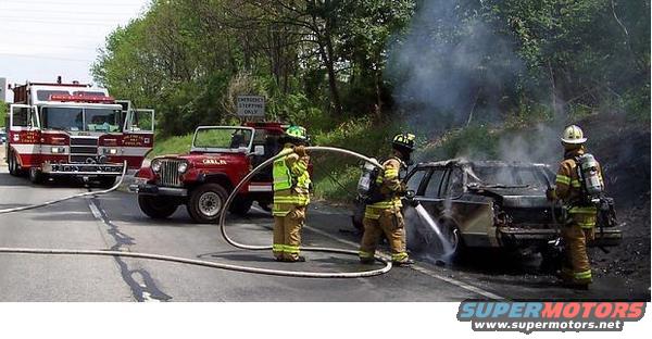 Firefighters are putting out a car fire on the side of the road. A fire truck and a Jeep are also present