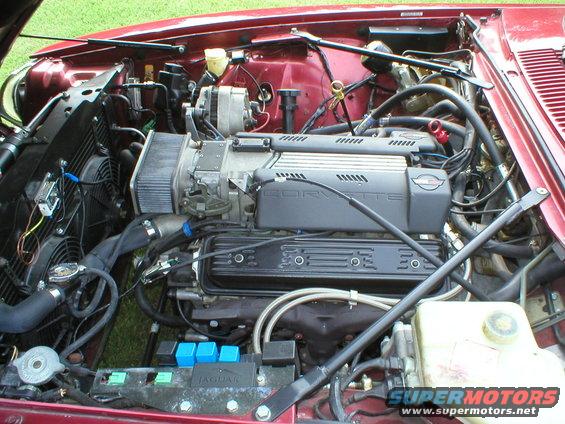 Close-up of a Corvette engine with "CORVETTE" visible on the intake manifold. The engine is installed in a red car
