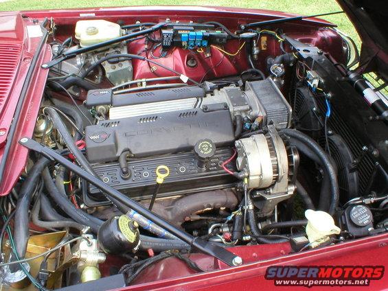 Engine bay with a V8 engine, labeled CORVETTE. Alternator and radiator fans visible