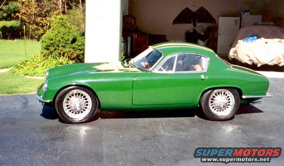 Green 1960 Lotus Elite coupe, side view, wire wheels