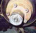 Close-up of a wheel hub and brake drum assembly