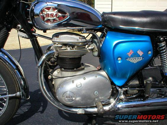 1968 BSA Lightning 650 motorcycle engine, chrome tank with BSA badge, and blue side cover with lightning decal