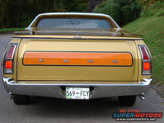 1972 Ford Ranchero rear view with gold paint and orange stripe on tailgate. Tennessee license plate 569-FCY