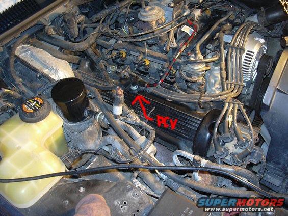 Engine bay with red arrows pointing to PCV valve on black valve cover. Coolant reservoir visible