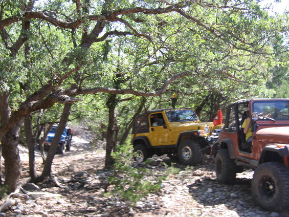 Yellow Jeep Wrangler on a rocky, tree-lined trail