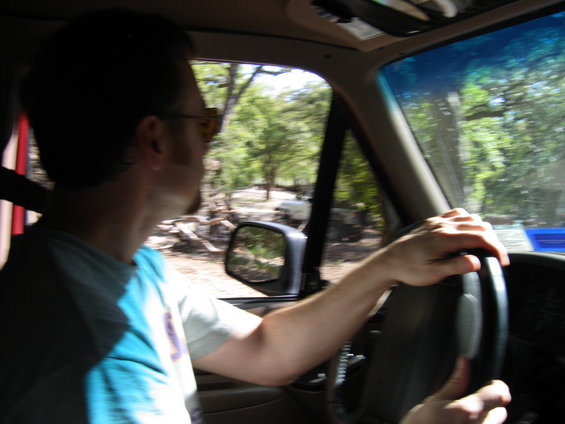 Driver's perspective from inside a vehicle, looking out at a wooded area