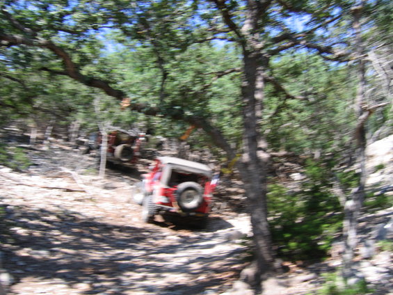 Two red off-road vehicles on a rocky, wooded trail