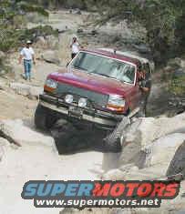 Red Ford Bronco navigating rocky terrain, front grille and headlights visible