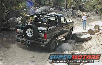 1993 Ford Bronco 3q-front view, dark green, off-roading with spare tire on rear