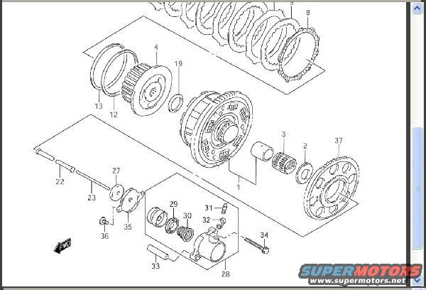 Diagram of motorcycle clutch components with part numbers