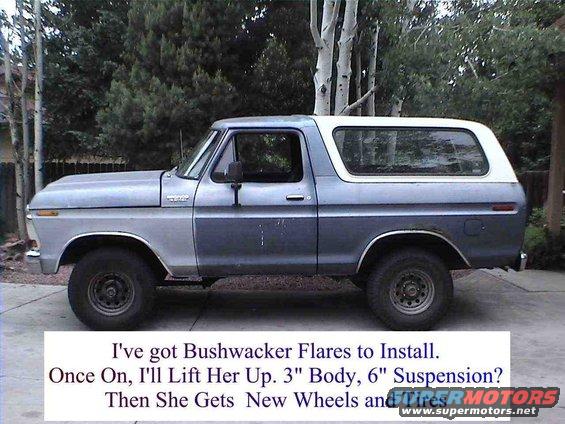 Side view of a 1978 Ford Bronco with a two-tone blue and white paint scheme