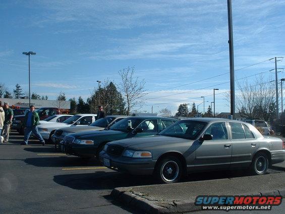 Several Ford Crown Victorias parked in a lot under a blue sky. One is gray in the foreground