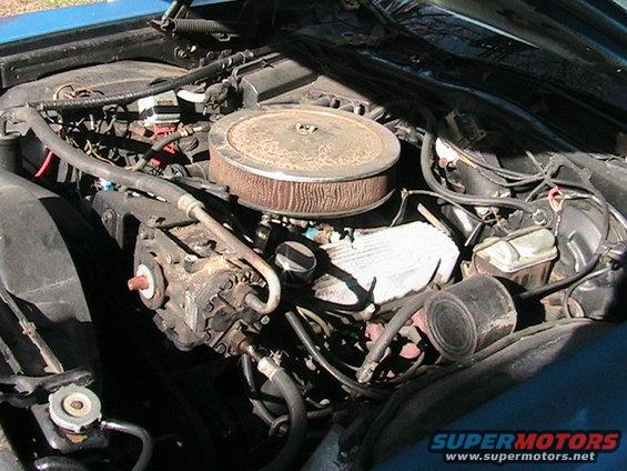 1973 Ford Ranchero engine bay with V8 engine, air cleaner, and brake fluid reservoir