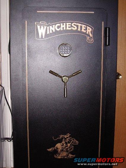 Black safe with Winchester logo, digital keypad, and three-spoke handle