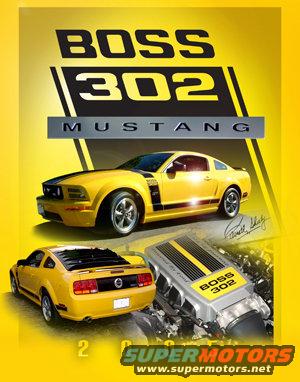 Yellow Ford Mustang Boss 302 coupe shown from front-right, rear-right, and engine bay