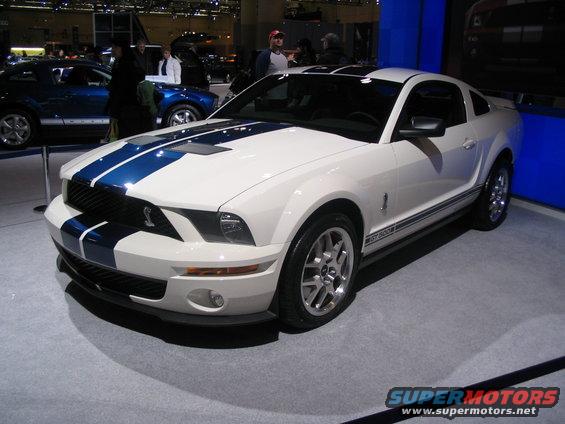 White Ford Mustang Shelby GT500 with blue stripes, parked indoors