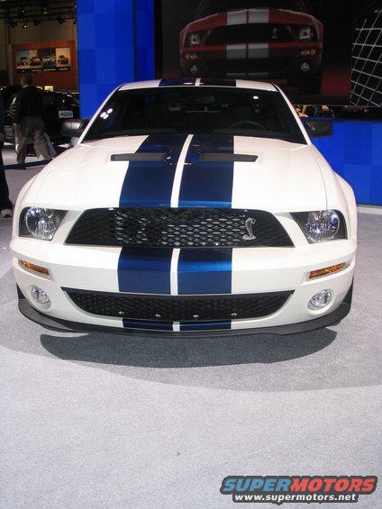 White 2007 Ford Mustang Shelby GT500 with blue racing stripes and a cobra emblem on the grille