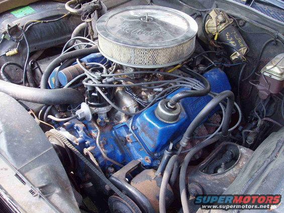 Engine bay with blue valve covers and a chrome air cleaner. Visible hoses and wiring. Some rust present