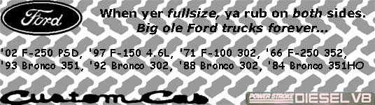 Ford logo and list of trucks including '02 F-250 PSD, '97 F-150, '71 F-100, '66 F-250, '93 Bronco, '92 Bronco, '88 Bronco, '84 Bronco