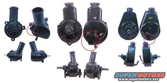 pump_comparison.jpg Left: original pump.  Center: Ford HD pump.  Right: Saginaw pump.  Notice the outputs, i use the center HD casing and installed an ARG saginaw pump.  The output on the HD is rotatable and fits the stock Bronco High PSI hose.  you can buy just the adapter and add it the the "canned-ham" case.