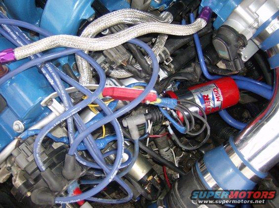Engine bay with blue spark plug wires, silver braided hose, and a red MSD ignition coil