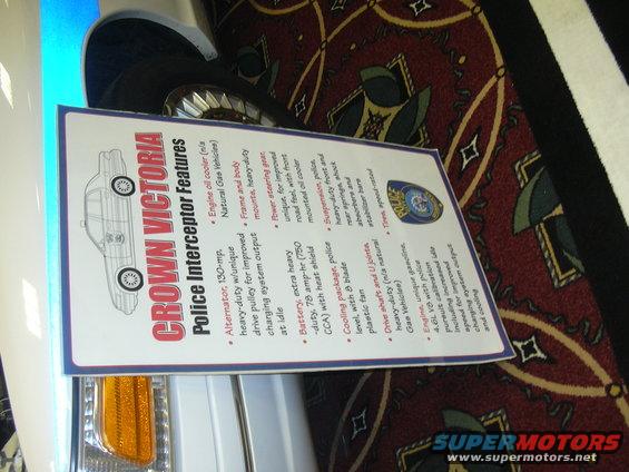Document titled "CROWN VICTORIA Police Interceptor Features" with a diagram of a car